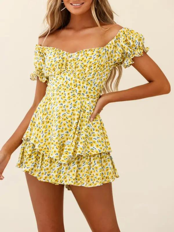 Levoire | Vêtements pour femmes sexy en col bateau lanternes feuilles de lotus manches courtes imprimé combinaisons Jaune XL