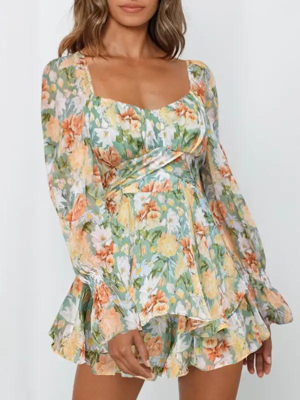 Levoire | Mode femme sexy One-Neck Lantern Lotusblad manches longues imprimé combinaison Vert