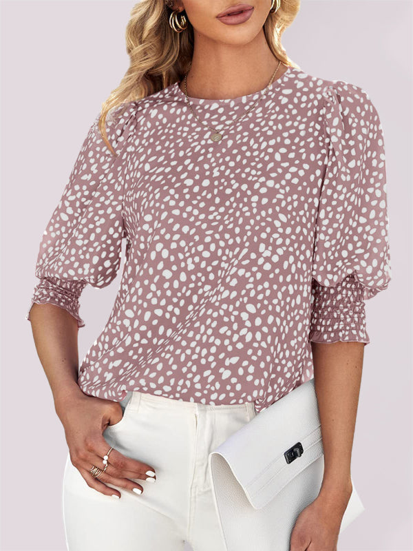 Levoire | Nouveaux blouses en chiffon imprimées à col rond à manches courtes lâches Rosa