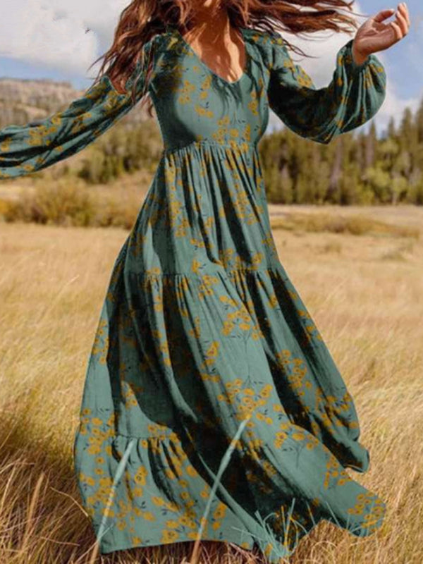 Levoire | Robe maxi en coton imprimé boho oversized à panneaux froncés Vert