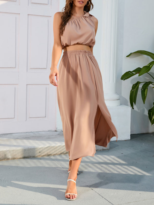 Levoire | Vêtements pour femmes Bretelles angulaires Concept de nœud incurvé Fente Grande robe tournante Ensemble deux pièces