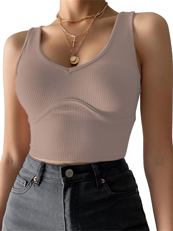 Levoire | Femme V-cou Couture Stretch Uni Tricot Top Café