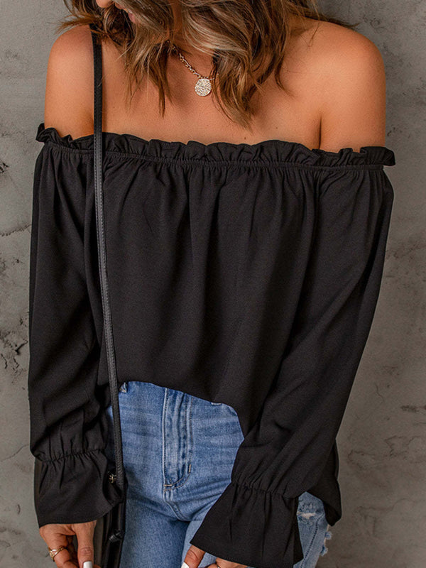 Levoire | V-neck chiffon knit solid color pullover sexy strapless top Must