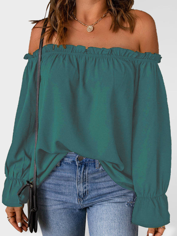 Levoire | V-neck chiffon knit solid color pullover sexy strapless top Vert