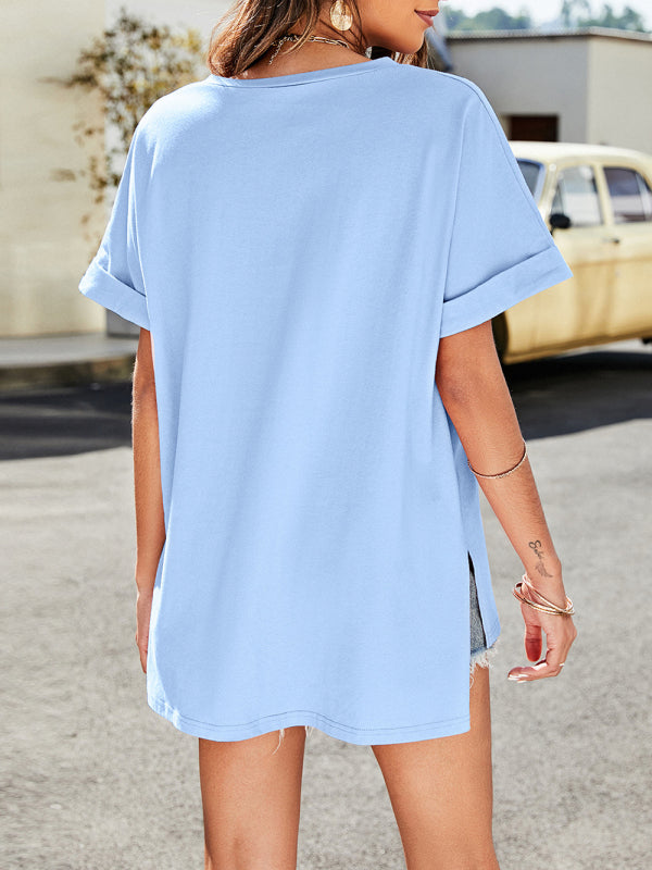 Levoire | T-shirt d'été unie à col en V avec des manches courtes et des plages courtes devant et longues derrière