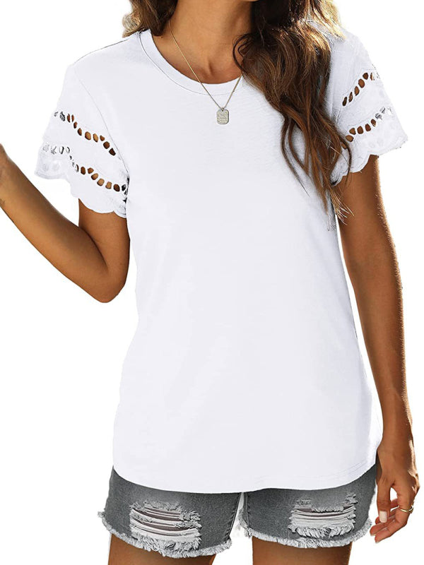 Levoire | T-shirt d'été en dentelle brodée à manches courtes haut col rond Blanc