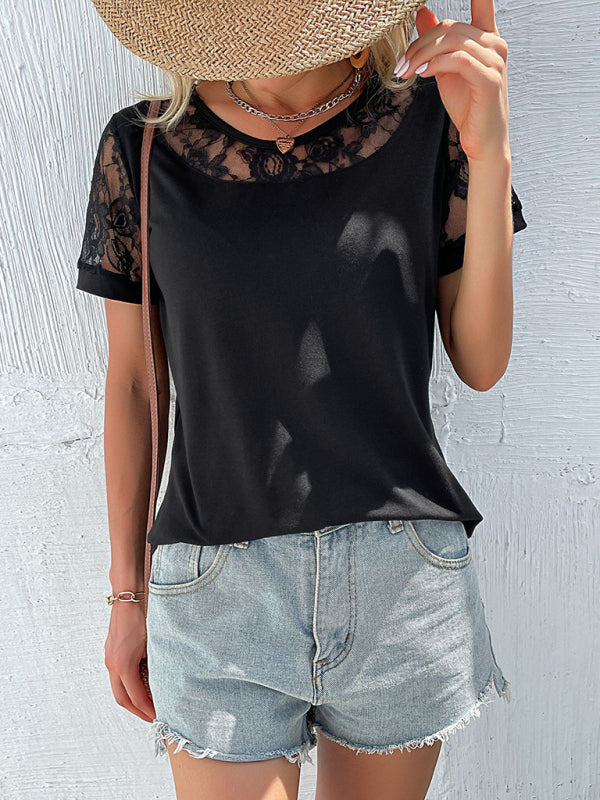 Levoire | Femme Décolleté Broderie T-shirt Court à Manches