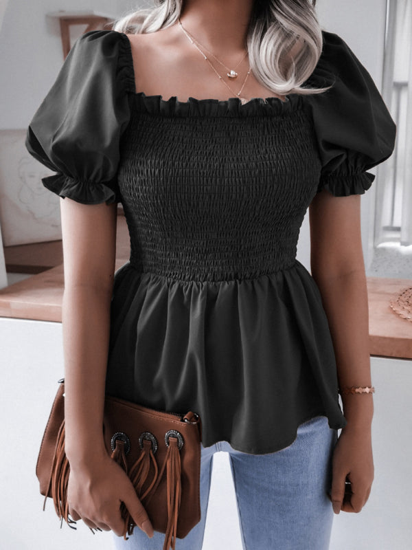 Levoire | Femmes Unicolore Ballon Manches Volant Chiffon Chemisier Top Noir