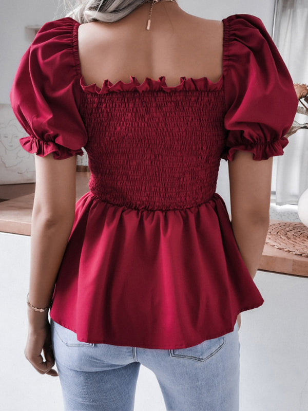 Levoire | Femmes Unicolore Ballon Manches Volant Chiffon Chemisier Top