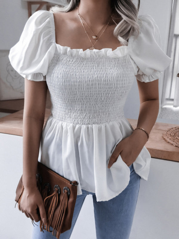 Levoire | Femmes Unicolore Ballon Manches Volant Chiffon Chemisier Top Blanc