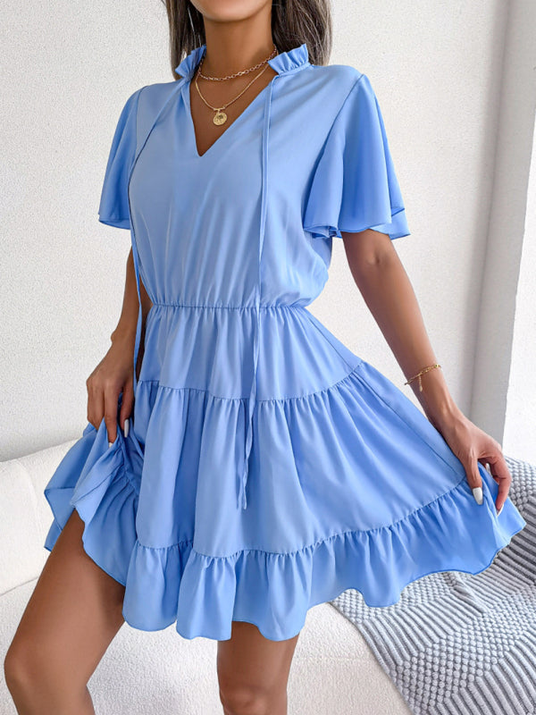 Levoire | Femmes Robe A-Ligne à Volants Unicolore Lotus Bleu