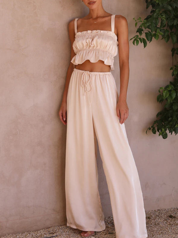 Levoire | Printemps et été vêtements pour femmes, bretelles spaghetti à col unique, pantalons amples, tenue tendance Cracker kaki