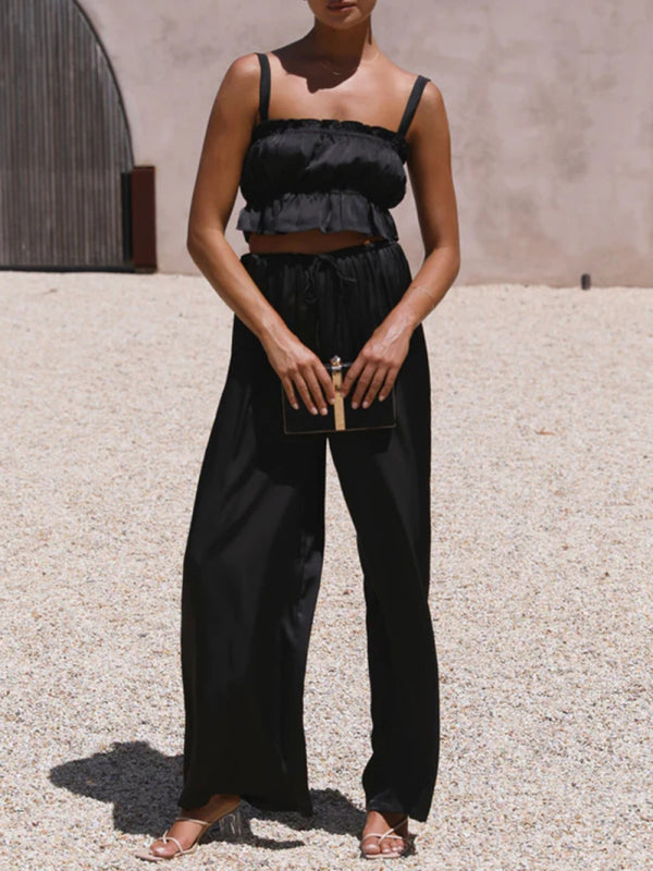 Levoire | Printemps et été vêtements pour femmes, bretelles spaghetti à col unique, pantalons amples, tenue tendance Musta