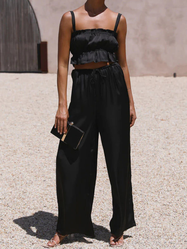 Levoire | Printemps et été vêtements pour femmes, bretelles spaghetti à col unique, pantalons amples, tenue tendance