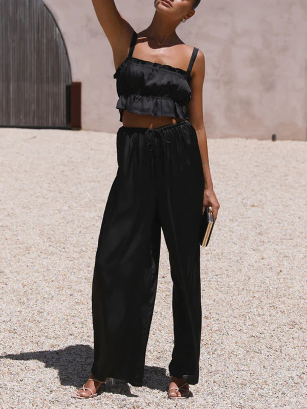 Levoire | Printemps et été vêtements pour femmes, bretelles spaghetti à col unique, pantalons amples, tenue tendance