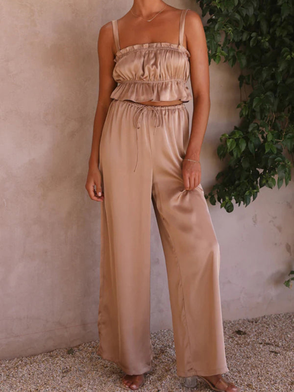 Levoire | Printemps et été vêtements pour femmes, bretelles spaghetti à col unique, pantalons amples, tenue tendance