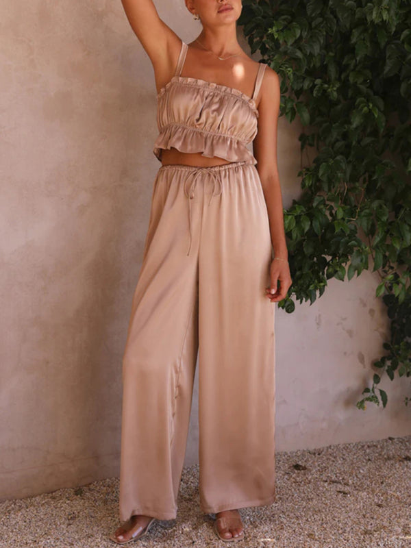 Levoire | Printemps et été vêtements pour femmes, bretelles spaghetti à col unique, pantalons amples, tenue tendance Khaki