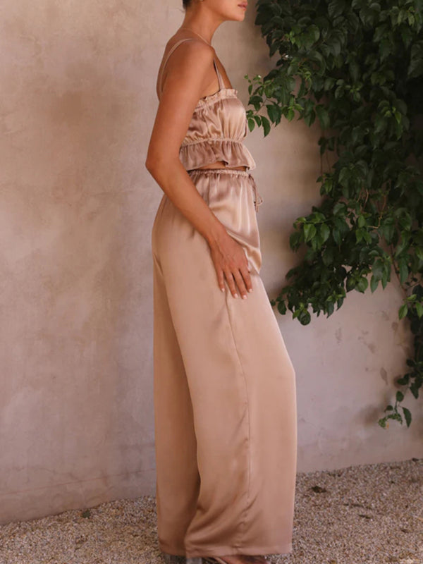 Levoire | Printemps et été vêtements pour femmes, bretelles spaghetti à col unique, pantalons amples, tenue tendance