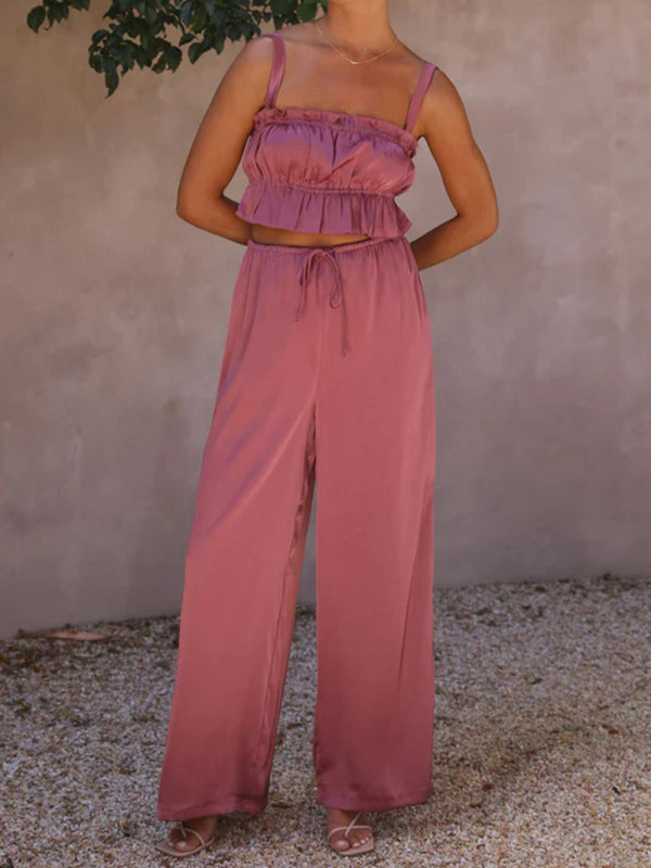Levoire | Printemps et été vêtements pour femmes, bretelles spaghetti à col unique, pantalons amples, tenue tendance