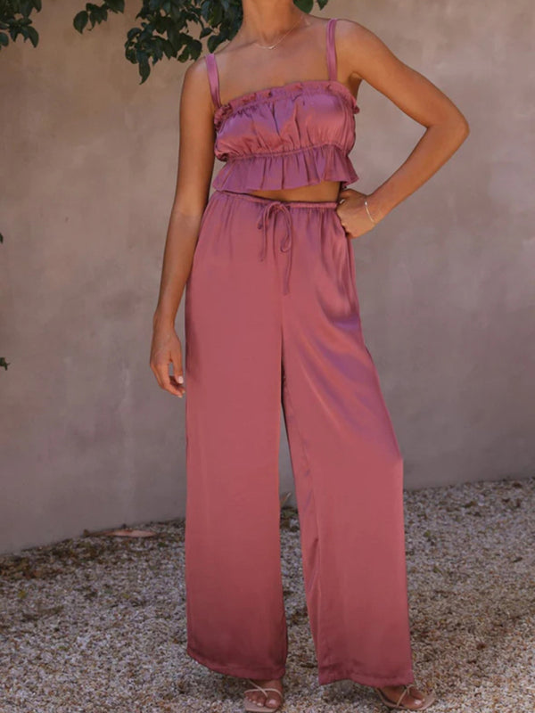 Levoire | Printemps et été vêtements pour femmes, bretelles spaghetti à col unique, pantalons amples, tenue tendance Violetti