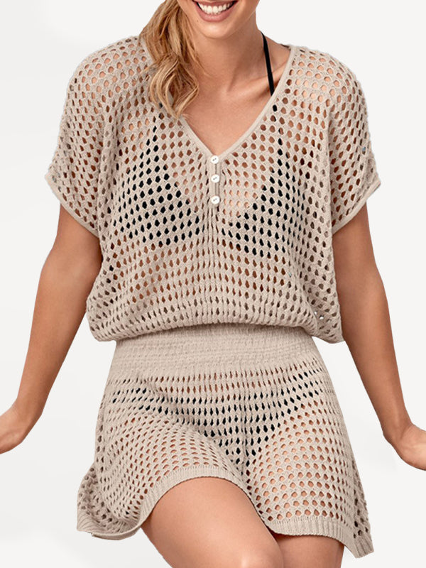 Levoire | Femme Tricot Sexy Transparent Taille Basse Crossover Robe Blouse Cracker kaki F