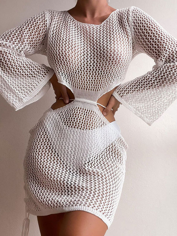Levoire | Femmes tricoté sexy transparent taille basse robe couverture bikini Blanc