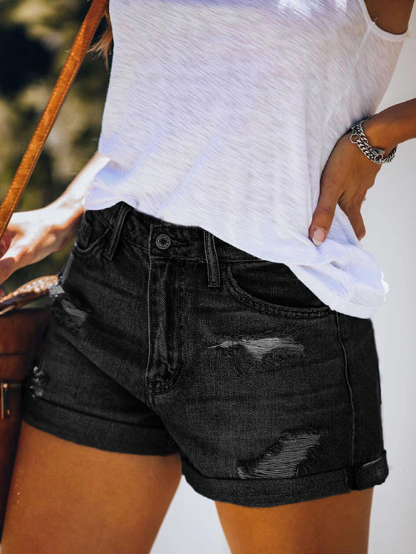 Levoire | Dame Stretch Mi-hauts Shorts en Denim avec des trous Noir