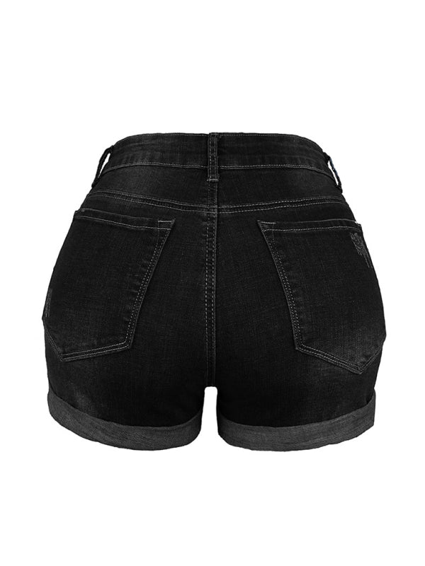 Levoire | Dame Stretch Mi-hauts Shorts en Denim avec des trous
