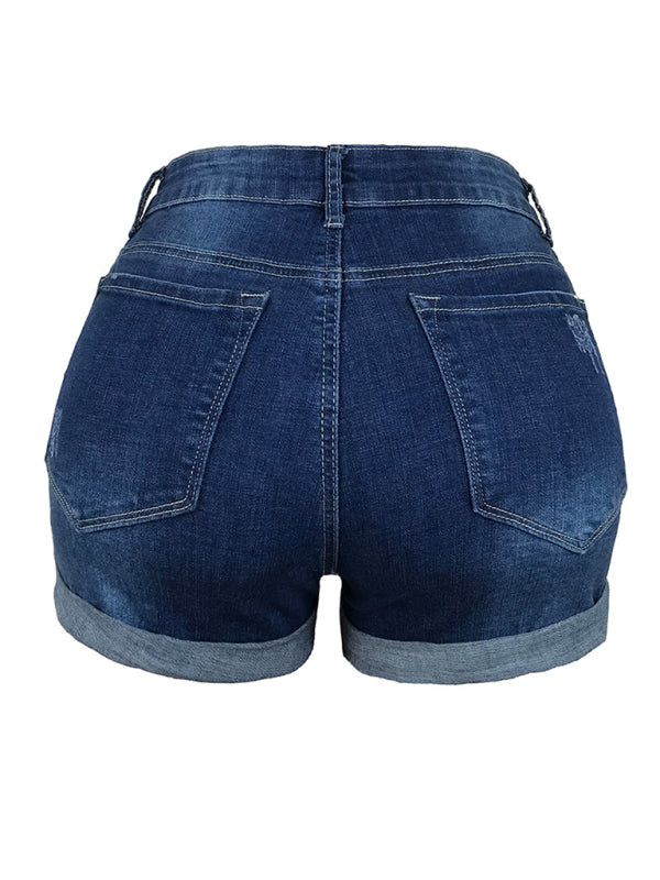 Levoire | Dame Stretch Mi-hauts Shorts en Denim avec des trous