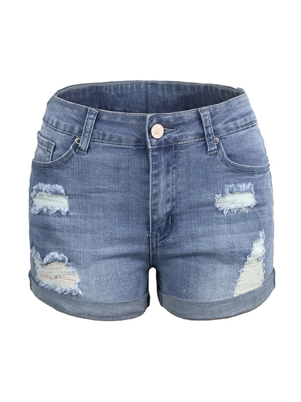 Levoire | Dame Stretch Mi-hauts Shorts en Denim avec des trous