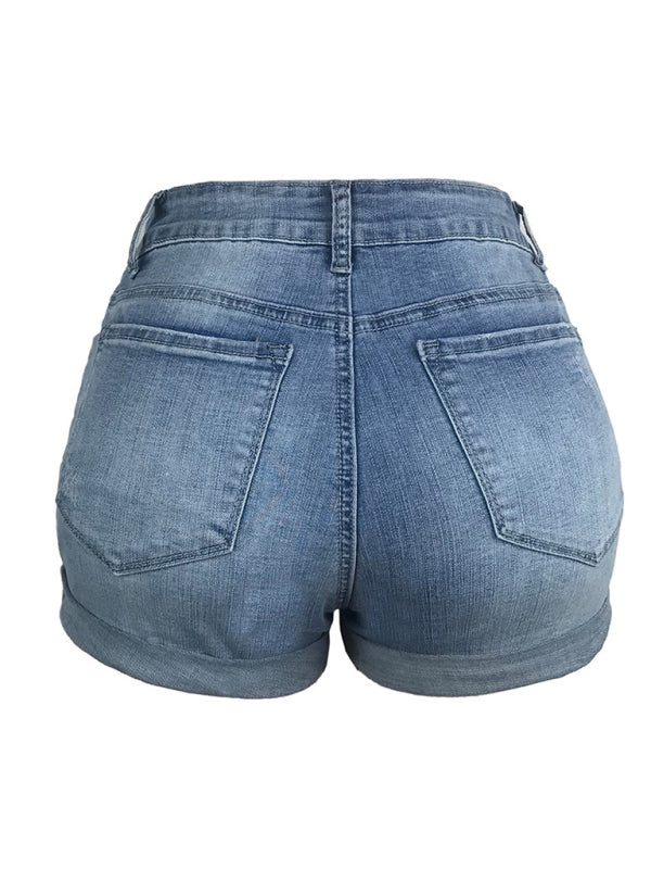 Levoire | Dame Stretch Mi-hauts Shorts en Denim avec des trous