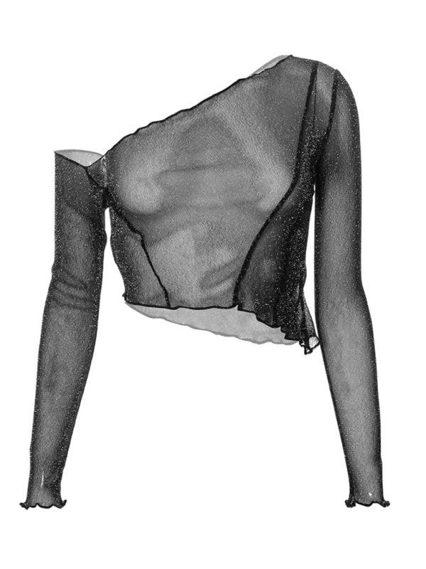 Levoire | Femmes sexy épaule asymétrique manches longues en filet transparent crop-top