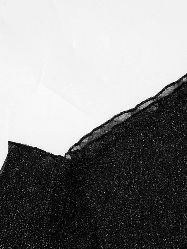Levoire | Femmes sexy épaule asymétrique manches longues en filet transparent crop-top