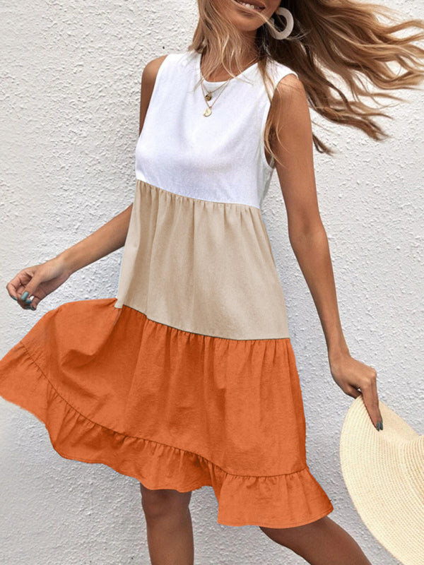 Levoire | Femmes décontracté loose couleur contrastante quilted volang top sans manches robe