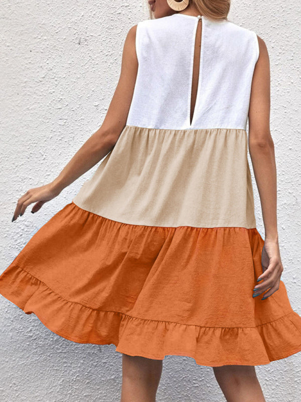 Levoire | Femmes décontracté loose couleur contrastante quilted volang top sans manches robe