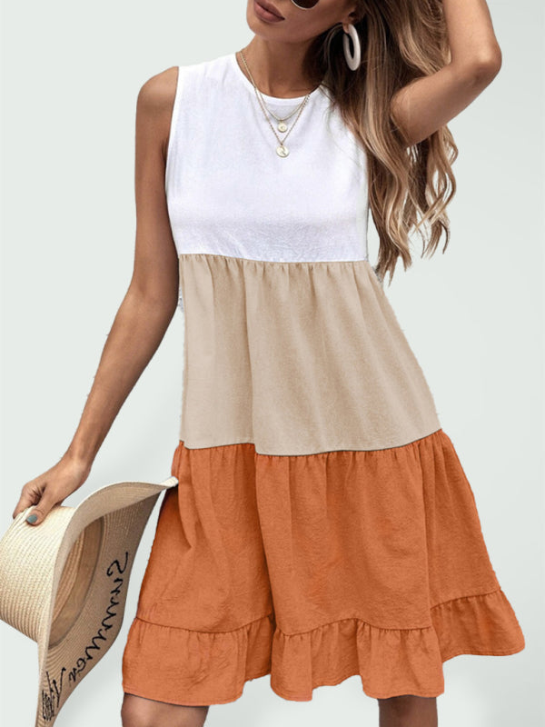 Levoire | Femmes décontracté loose couleur contrastante quilted volang top sans manches robe Orange