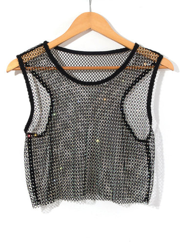 Levoire | Sexy Mesh Blitz Diamant Pêcheur Réseau Veste Nuit Club Perspective chaude fille T-shirt Top