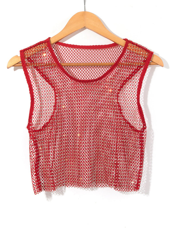 Levoire | Sexy Mesh Blitz Diamant Pêcheur Réseau Veste Nuit Club Perspective chaude fille T-shirt Top