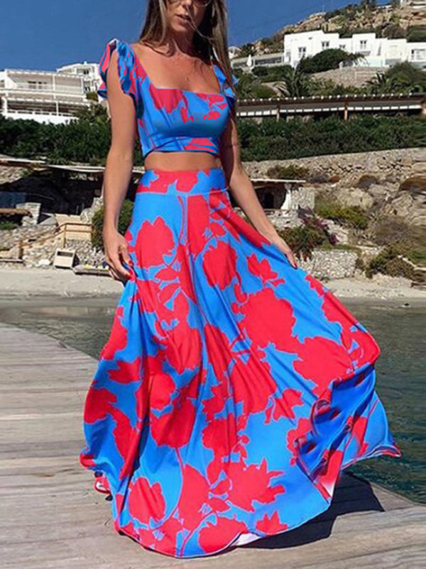 Levoire | Nouvelle robe deux pièces pour femmes mode imprimé sexy grande robe flottante Sininen