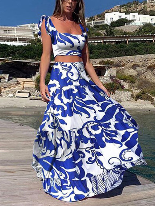 Levoire | Nouvelle robe deux pièces pour femmes mode imprimé sexy grande robe flottante Sikkerbleu