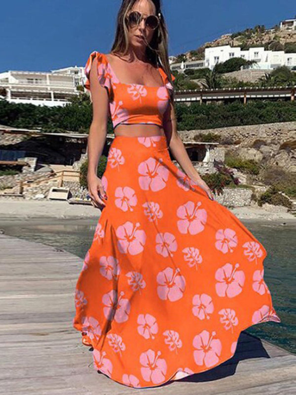 Levoire | Nouvelle robe deux pièces pour femmes mode imprimé sexy grande robe flottante Orange