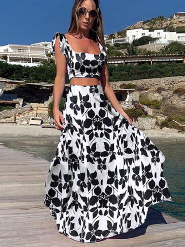 Levoire | Nouvelle robe deux pièces pour femmes mode imprimé sexy grande robe flottante Blanc