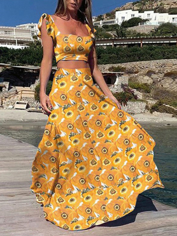 Levoire | Nouvelle robe deux pièces pour femmes mode imprimé sexy grande robe flottante Jaune