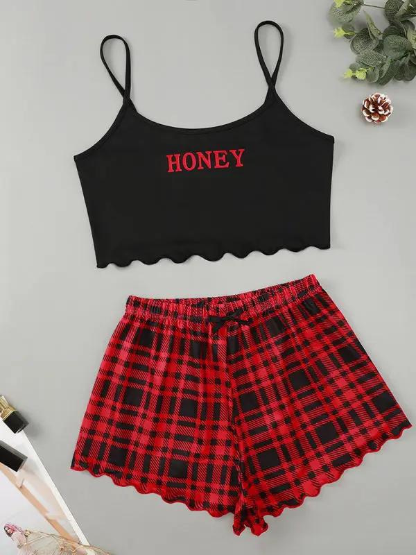 Levoire | Femme Brief HONEY Imprimé Spaghetti-top + Short Imprimé à Carreaux Ensemble de Maison Rot