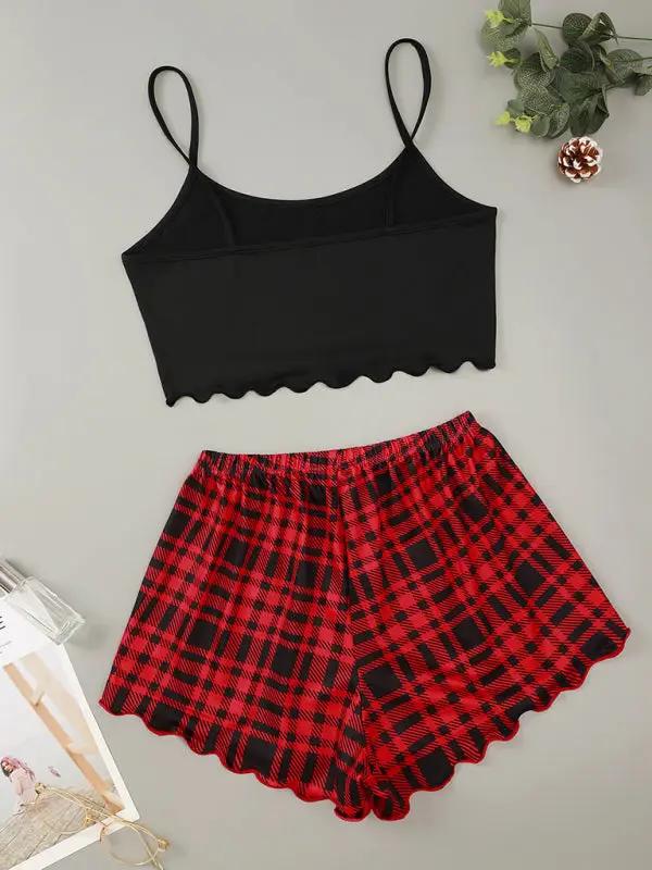 Levoire | Femme Brief HONEY Imprimé Spaghetti-top + Short Imprimé à Carreaux Ensemble de Maison