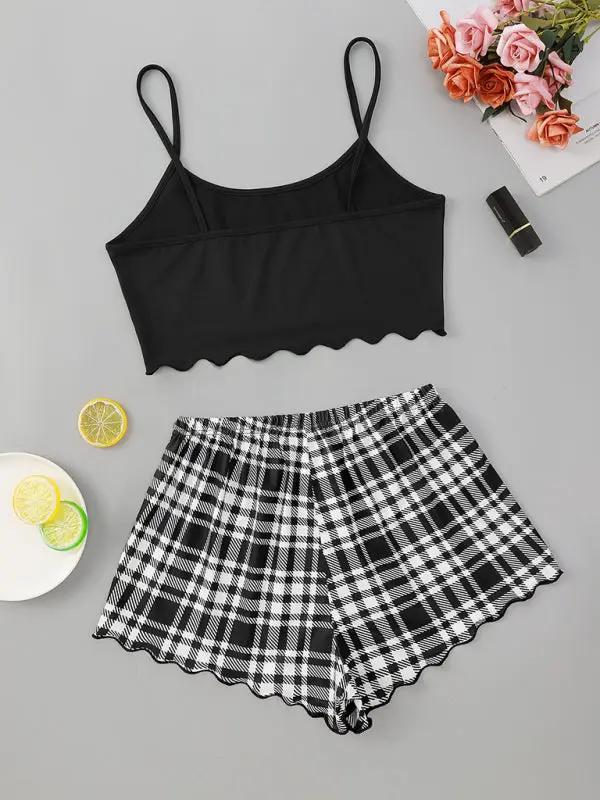Levoire | Femme Brief HONEY Imprimé Spaghetti-top + Short Imprimé à Carreaux Ensemble de Maison