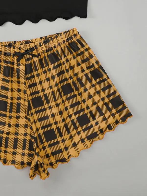 Levoire | Femme Brief HONEY Imprimé Spaghetti-top + Short Imprimé à Carreaux Ensemble de Maison