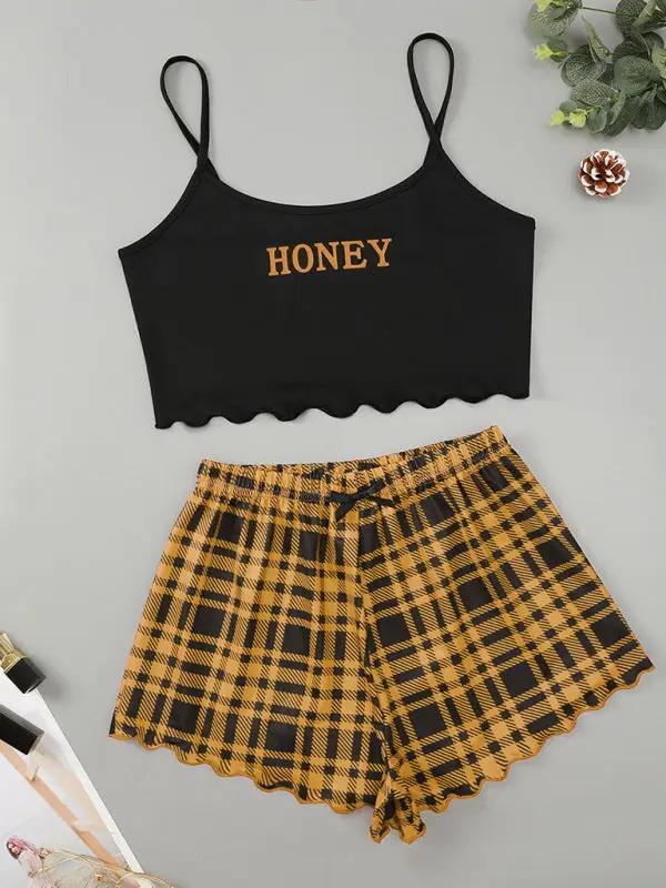 Levoire | Femme Brief HONEY Imprimé Spaghetti-top + Short Imprimé à Carreaux Ensemble de Maison Jaune