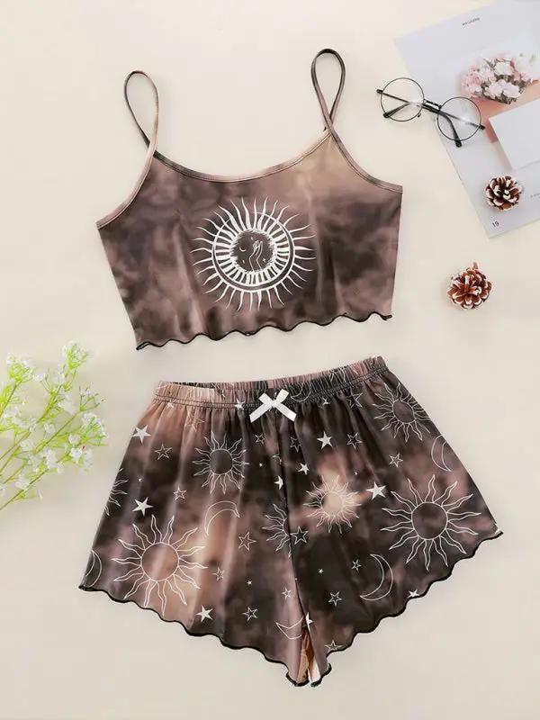 Levoire | Femme Tie-Dye Xingyue Imprimé Spaghetti-Tops + Shorts Ensemble D'Habillage à Domicile Braun