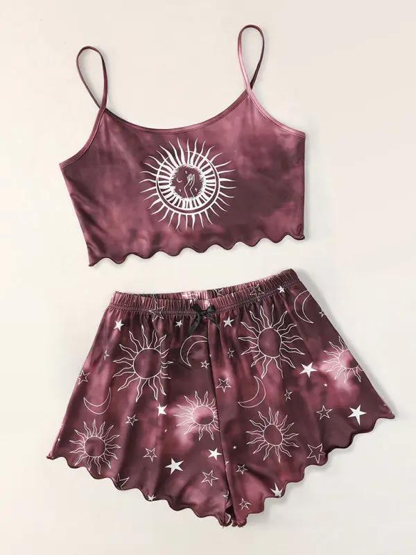 Levoire | Femme Tie-Dye Xingyue Imprimé Spaghetti-Tops + Shorts Ensemble D'Habillage à Domicile Rouge vin